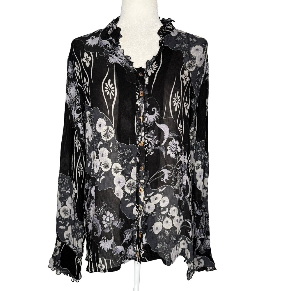 Citron Santa Monica XL 100% Silk Tunic Top Ruffle Button Flowers Semi Sheer
